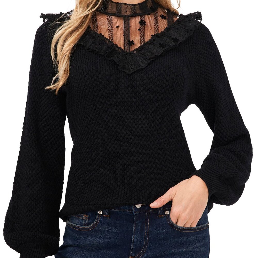 CeCe Womens Embroidered Lace Pullover Sweater
